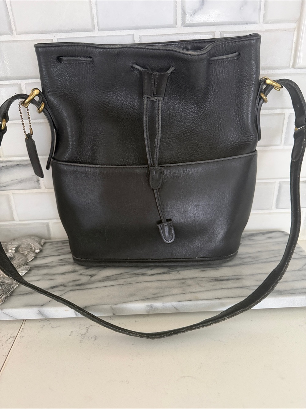 Vintage Coach Black Leather Drawstring Bucket Bag  #9804